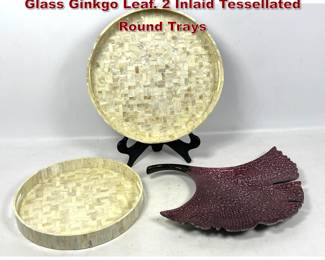 Lot 1722 3pc Modernist Serving Ware Lot. Glass Ginkgo Leaf. 2 Inlaid Tessellated Round Trays