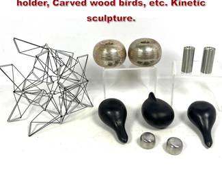 Lot 1688 Shelf Lot. Modern SandP. Candle holder, Carved wood birds, etc. Kinetic sculpture. 