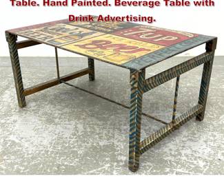 Lot 1235 Paint Decorated Metal Coffee Table. Hand Painted. Beverage Table with Drink Advertising. 