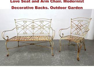 Lot 1505 2pc Decorative Iron Outdoor Set. Love Seat and Arm Chair. Modernist Decorative Backs. Outdoor Garden