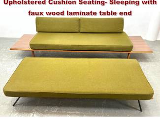 Lot 1247 2pc Mid Century Day Beds. 1 Upholstered Cushion Seating Sleeping with faux wood laminate table end