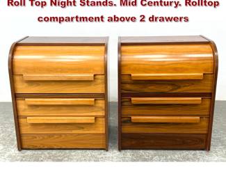 Lot 1350 Pr MAURICE VALLENCY Rosewood Roll Top Night Stands. Mid Century. Rolltop compartment above 2 drawers