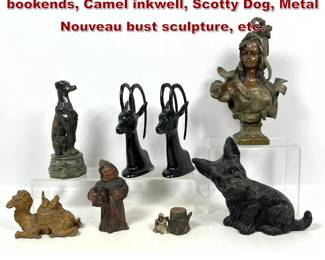 Lot 1703 Vintage Figural Lot. Gazelle bookends, Camel inkwell, Scotty Dog, Metal Nouveau bust sculpture, etc.