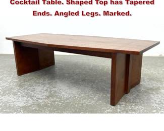 Lot 1321 LANE American Modern Walnut Cocktail Table. Shaped Top has Tapered Ends. Angled Legs. Marked. 