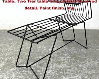 Lot 1556 Mid Century Iron Hairpin Side Table. Two Tier table has parallel metal rod detail. Paint finish. ang