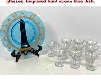 Lot 1684 Vintage Glass Lot. 10 Heisey glasses, Engraved hunt scene blue dish. 