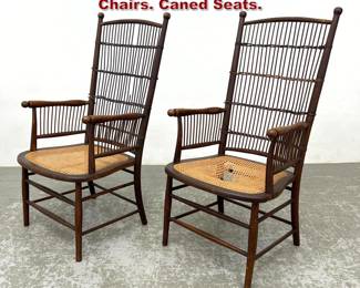 Lot 1656 Pr Vintage Tall Rattan Back Arm Chairs. Caned Seats. 