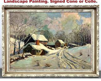 Lot 1620 Signed Rural Country Snowy Winter Landscape Painting. Signed Cone or Colle. 