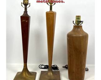 Lot 1325 3pc Modernist Wood Lamps. 2 have metal bases. 