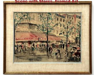 Lot 1775 French Tourist Scene. Bust Street Scene with Stores. Framed Art. 