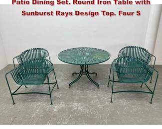 Lot 1549 5pc RUSSELL WOODARD Outdoor Patio Dining Set. Round Iron Table with Sunburst Rays Design Top. Four S