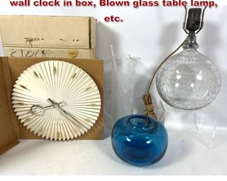 Lot 1675 Mid Century Modern Lot. Session wall clock in box, Blown glass table lamp, etc. 