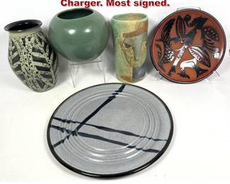 Lot 1696 5pcs artisan Pottery. Vases and Charger. Most signed. 