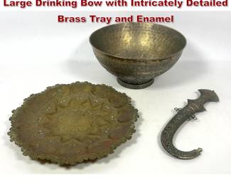 Lot 1728 3pc lot. Antique Middle Eastern Large Drinking Bow with Intricately Detailed Brass Tray and Enamel 