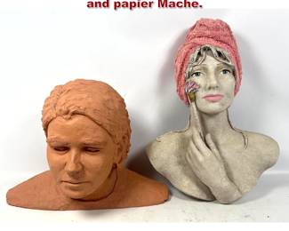 Lot 1724 2pc Head sculptures. Clay pottery and papier Mache. 