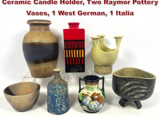 Lot 1711 7pcs Hal Lasky Puerto Rico Ceramic Candle Holder, Two Raymor Pottery Vases, 1 West German, 1 Italia