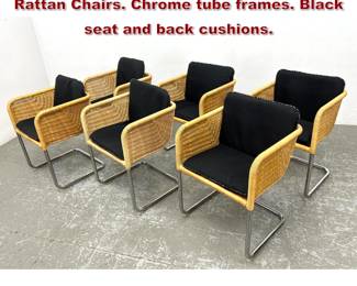 Lot 1359 Set 6 Harvey Probber style Woven Rattan Chairs. Chrome tube frames. Black seat and back cushions. 