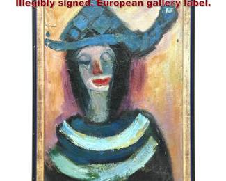 Lot 1404 Signed Portrait Painting Clown. Illegibly signed. European gallery label. 