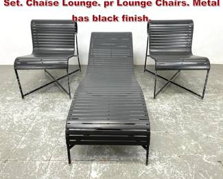 Lot 1558 3pc Metal Rubber Strap Outdoor Set. Chaise Lounge. pr Lounge Chairs. Metal has black finish. 