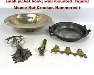 Lot 1676 5pc Metal Lot. Figural Monkey small jacket hook wall mounted. Figural Mouse Nut Cracker. Hammered t