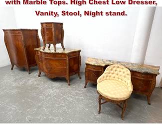 Lot 1602 5pcs French Style Bedroom Set with Marble Tops. High Chest Low Dresser, Vanity, Stool, Night stand. 