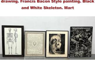 Lot 1423 4pcs folk art. Savitsky spider drawing. Francis Bacon Style painting. Black and White Skeleton. Mart