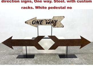 Lot 1448 3pcs Vintage American handmade direction signs, One way. Steel. with custom racks. White pedestal no