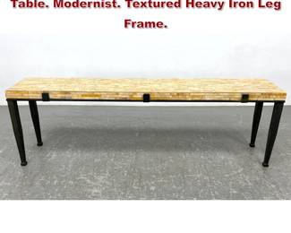 Lot 1343 Agate Glass Tile Mosaic Top Long Table. Modernist. Textured Heavy Iron Leg Frame. 