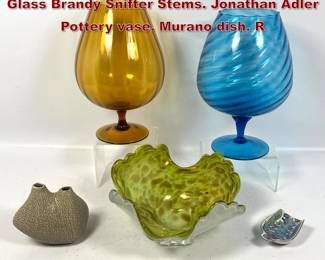 Lot 1766 5pc Modern Design. 2 Colored Glass Brandy Snifter Stems. Jonathan Adler Pottery vase. Murano dish. R