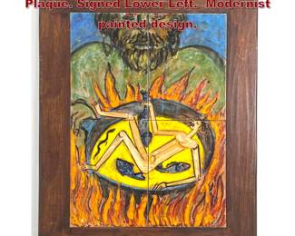 Lot 1333 Framed Glazed Ceramic Tile Plaque. Signed Lower Left. Modernist painted design. 