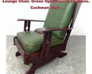 Lot 1374 Dark Wood Framed Arm Rocking Lounge Chair. Green Upholstered cushions. Cushman Style.
