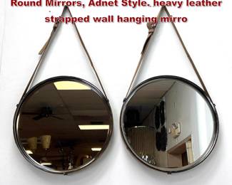 Lot 1335 Pair Iron Frame, Leather Strap Round Mirrors, Adnet Style. heavy leather strapped wall hanging mirro