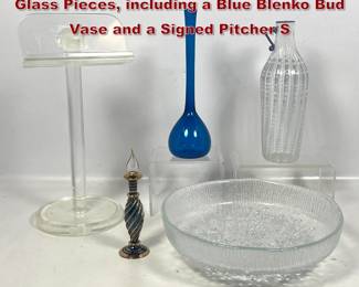 Lot 1710 5pcs Lucite Stand and Assorted Glass Pieces, including a Blue Blenko Bud Vase and a Signed Pitcher S