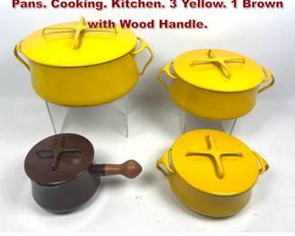 Lot 1707 4pc DANSK Kobenstyle Lidded Pots Pans. Cooking. Kitchen. 3 Yellow. 1 Brown with Wood Handle. 