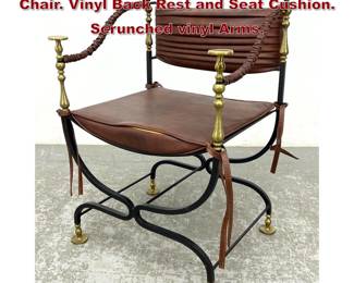 Lot 1637 Vintage Iron and Brass Savonorola Chair. Vinyl Back Rest and Seat Cushion. Scrunched vinyl Arms. 