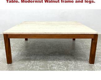 Lot 1225 Travertine Top Square Cocktail Table. Modernist Walnut frame and legs. 