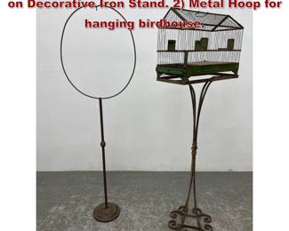 Lot 1548 2pc Lot. Vintage Metal Bird House on Decorative Iron Stand. 2 Metal Hoop for hanging birdhouse.