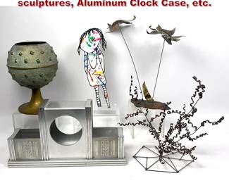 Lot 1698 Mixed Metal Shelf Lot. Table sculptures, Aluminum Clock Case, etc.