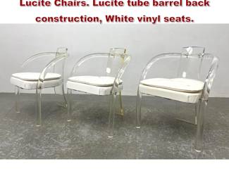 Lot 1575 3pc CHARLES HOLLIS JONES Lucite Chairs. Lucite tube barrel back construction, White vinyl seats. 