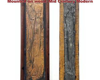 Lot 1312 2pcs Embossed Metal Plaques. Mounted on wood. Mid Century Modern 