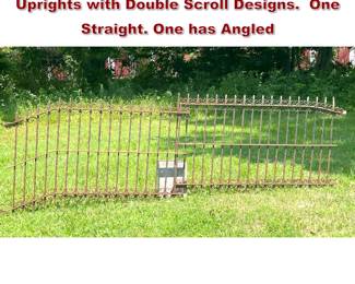 Lot 1447 2pc Vintage Iron Fencing. Pointed Uprights with Double Scroll Designs. One Straight. One has Angled