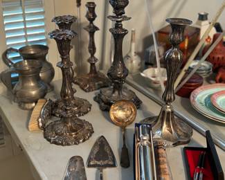 Vintage serving utensils, candlesticks