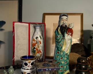 Vintage chinese hand painted porcelain wise man, vase, cloisonné cage