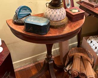 Antique half moon accent table, Chinese scrolls