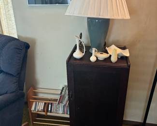 Antique music cabinet, pottery, lamp