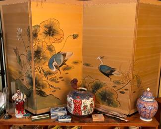 Vintage chinese screen, jars, figures