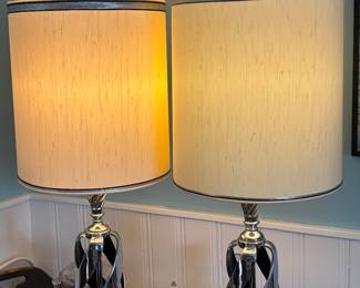 Exquisite mid century modern chrome lamps with beautiful shades 