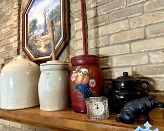 Antique pots, cast iron piggy bank, clocks 