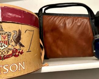 Vintage Stetson hat box, leather gun case, Smith & Wesson protective gun range ear muffs 