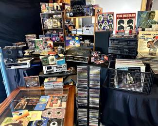 Records, cassettes, VHS, CD’s, DVD’s, turn table, record player, stereo system, speakers, Star Wars Collectibles, and much more!